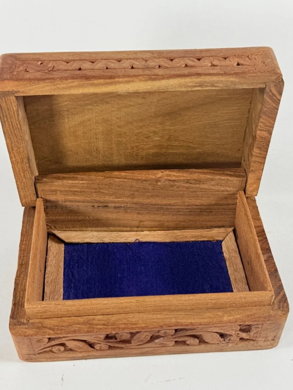 Vintage Hand Carved Wood Jewelry Box Inlaid Floral Design Velvet Lined India